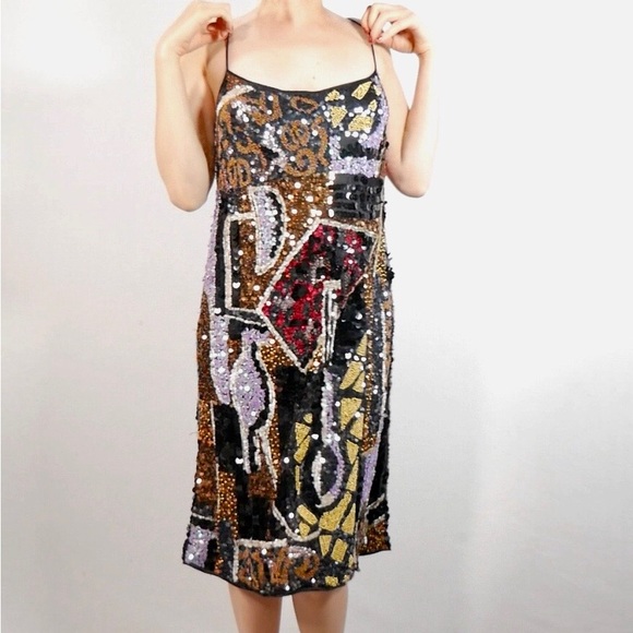 Cache Sequin And Beaded Cocktail Dress
Size Large Animal Print Silk Circa 1990s - Picture 1 of 9